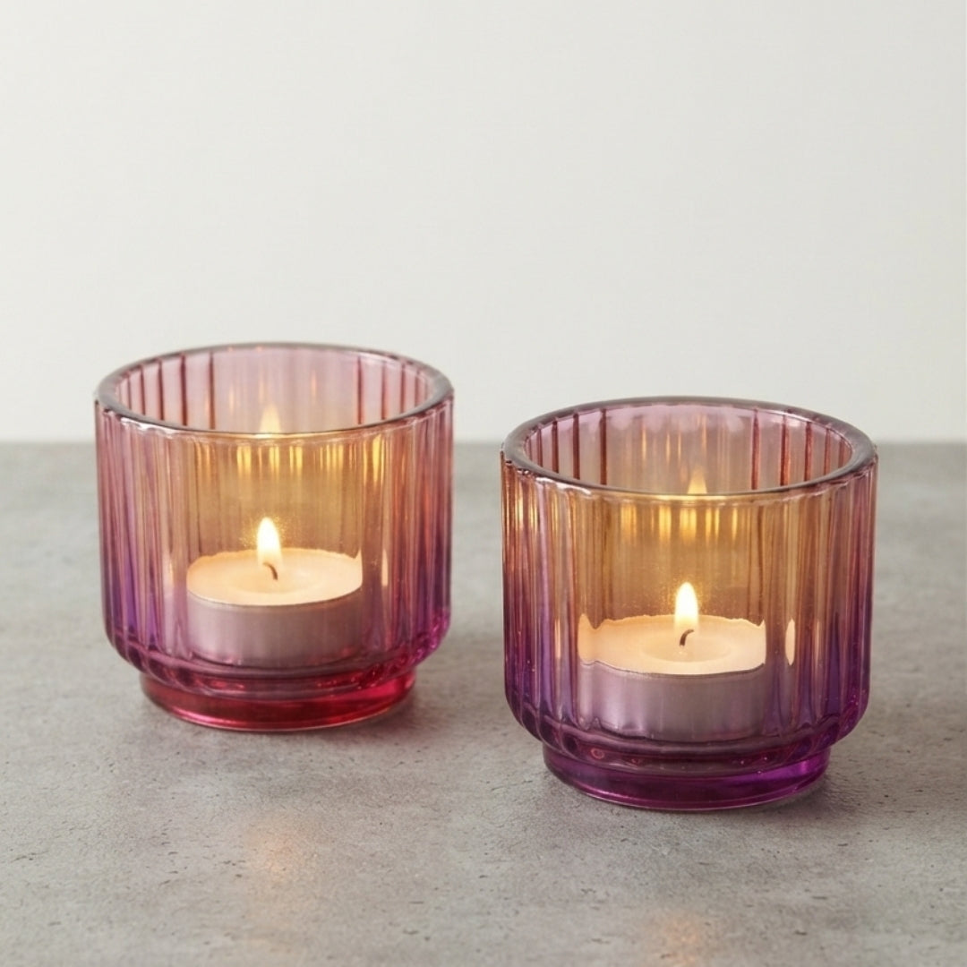 Set of 2 Pink & Purple Ribbed Glass Tea Light Holders