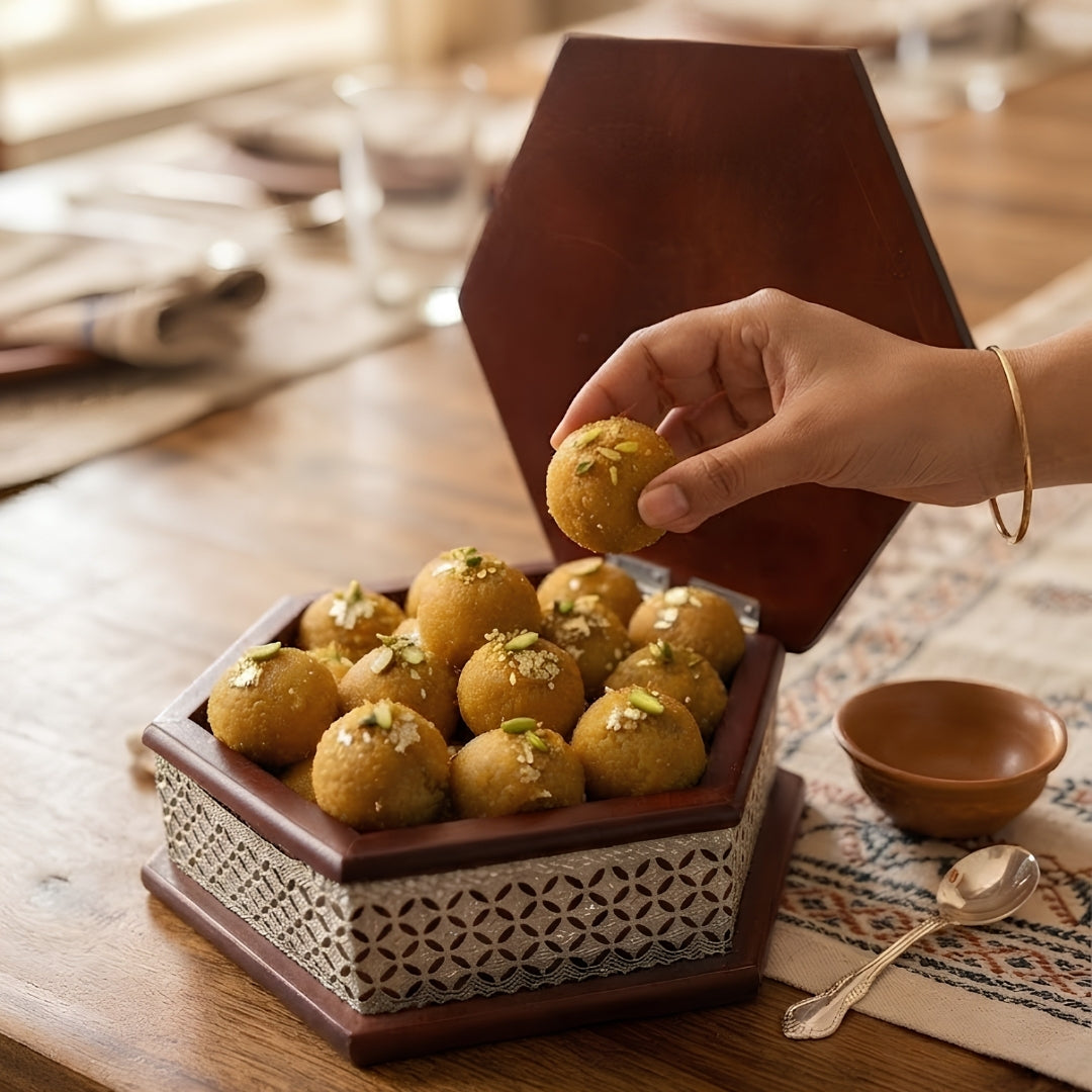 Hexagonal Wooden Silver-Plated Mithai Box