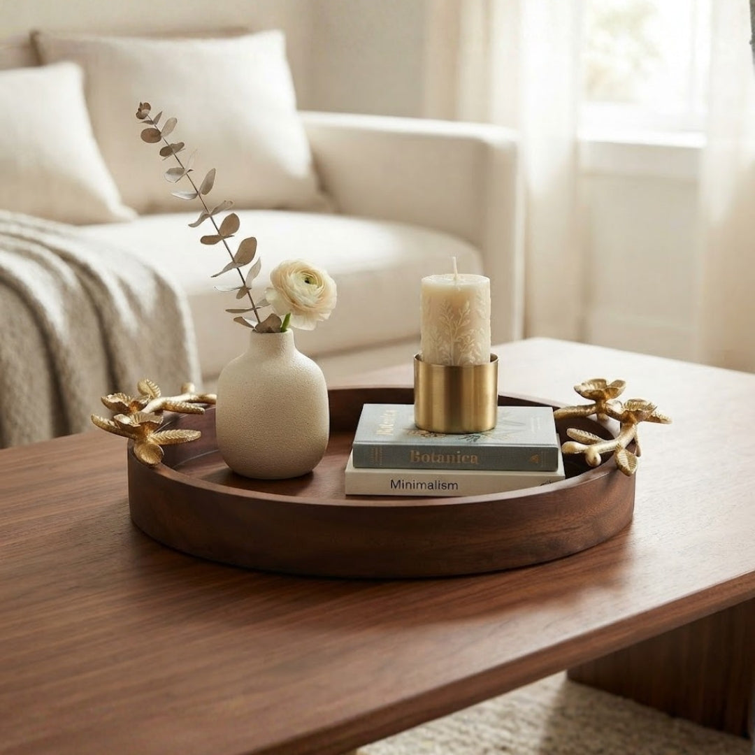 Wooden Large Round Serving Tray with Gold Floral Branch Handles