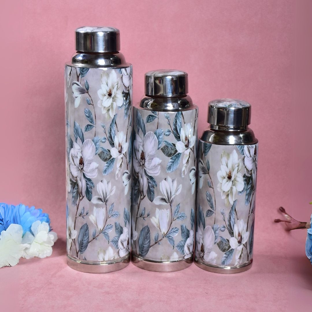 Grey Flower Copper Bottle - Set Of 3