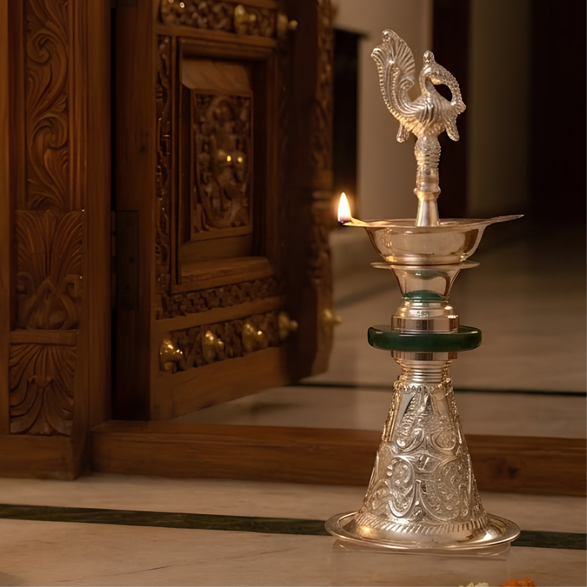 Silver-Plated Peacock Diya  with Velvet Gift Boxe- Green SINGLE PC