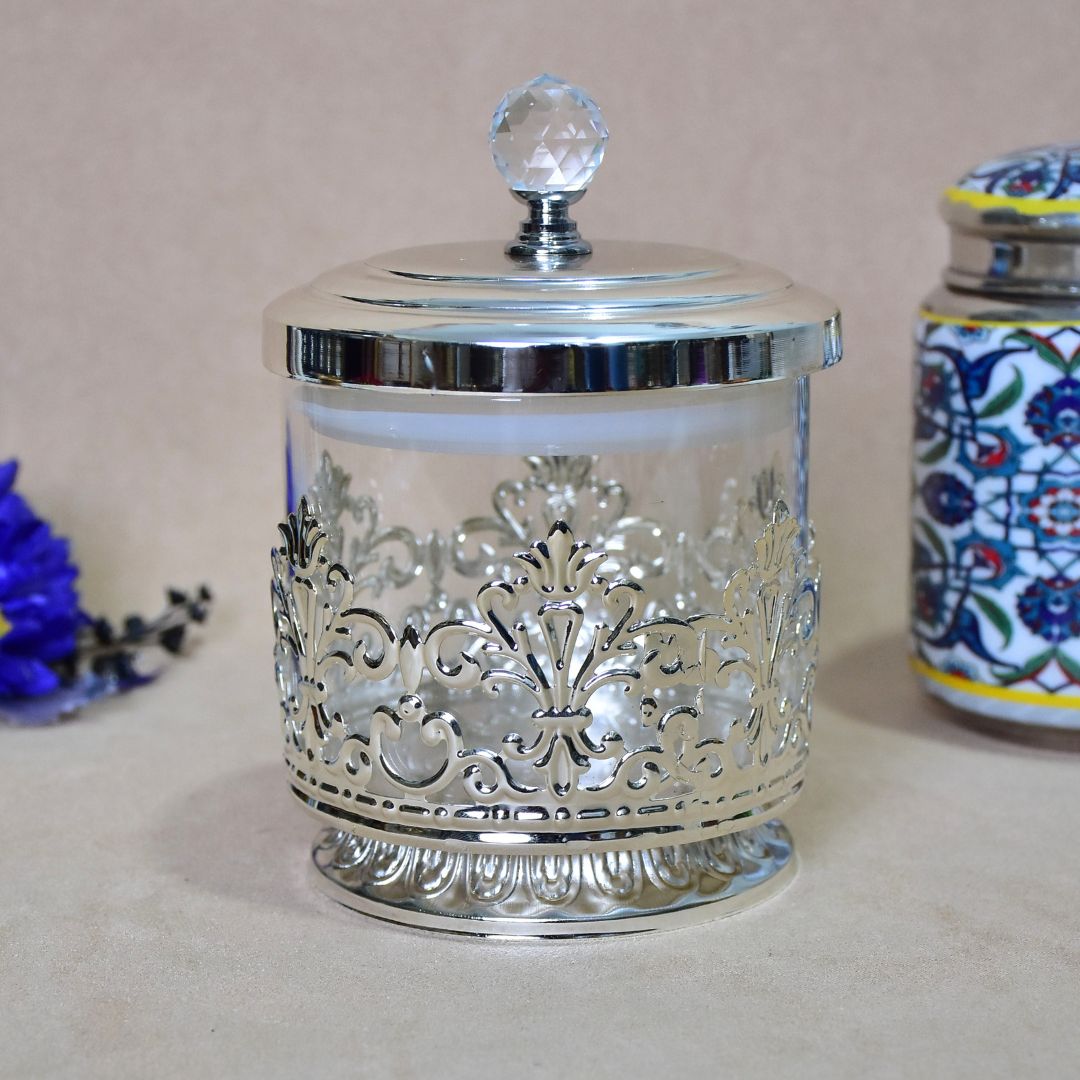 White Metal Glass Jar Small