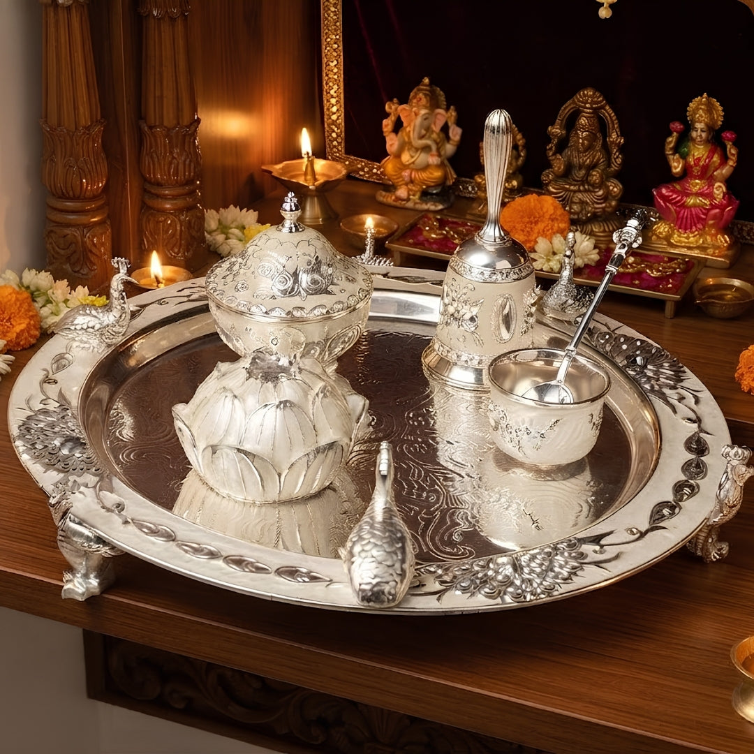 Silver-Plated Peacock Design Pooja Thali Set