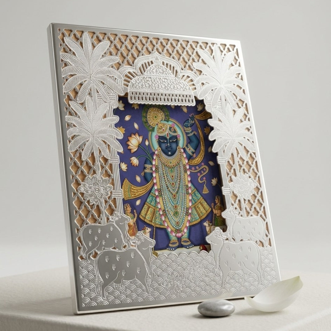 Silver Plated Pichwai Jhoomar & Cow Photo Frame (Tan Velvet Gift Box)