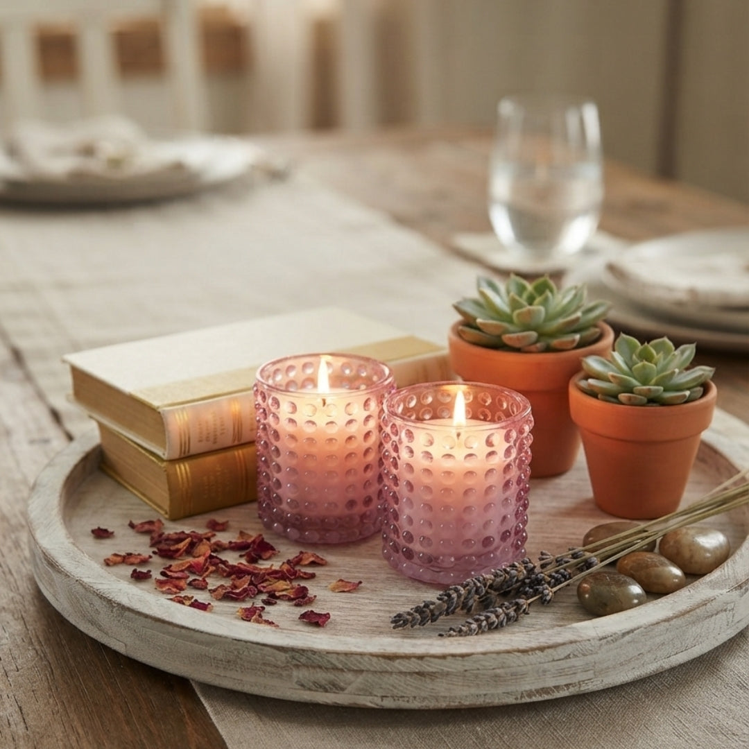 Pink Dotted Glass Votive Candle Holders - Scented Wax Set (Set of 2)