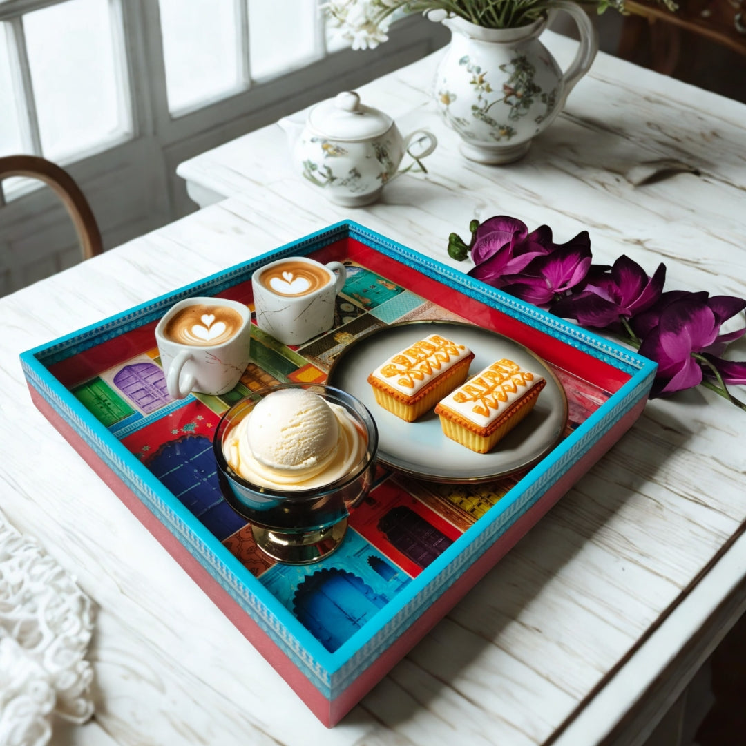 Mughal Print Design Enamel Square Tray