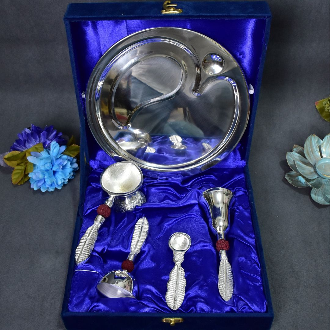 Brass Silver Plated Rudraksha Ganesh Puja Thali Set