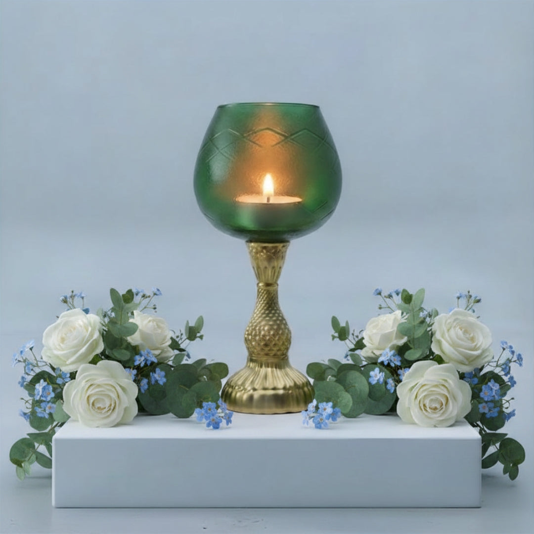 Large Green Glass Chalice Candle Holder - Elegant Pedestal Stand