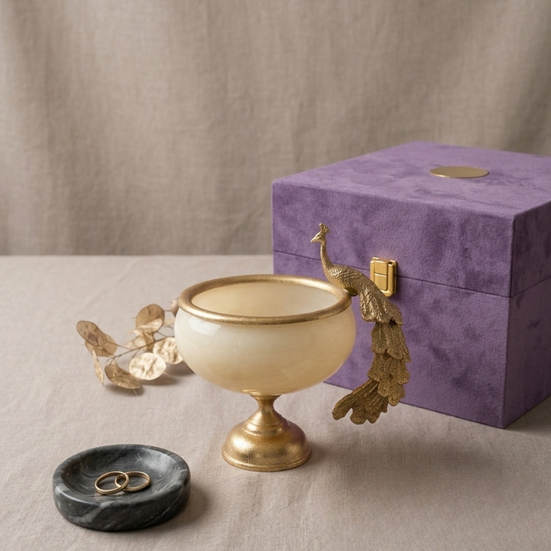 Handcrafted Glass Peacock Bowl with Premium Velvet Gift Box (Silver/Gold Trim)