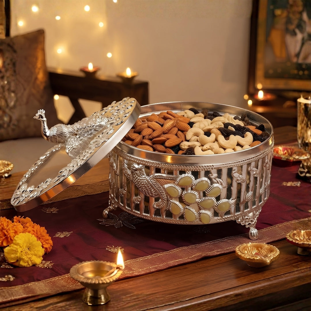 white metal Decorative Silver Peacock Design Round Storage Box with Lid