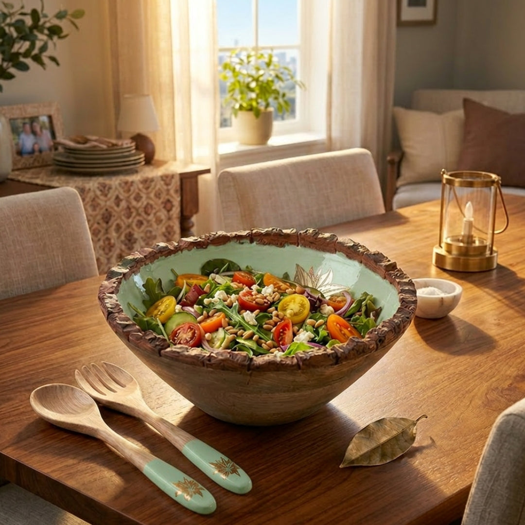 Green Enamel Wooden Salad Bowl with Tulip Foil Print
