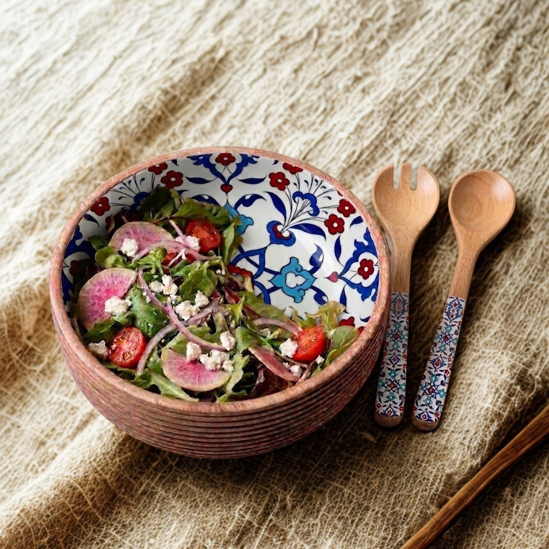 Turkish Print Enamel & Ribbed Wooden Salad Bowl Set
