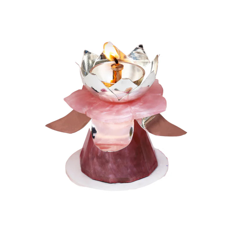 Brass Silver Plated Diya With Pink Resin Petal And Base