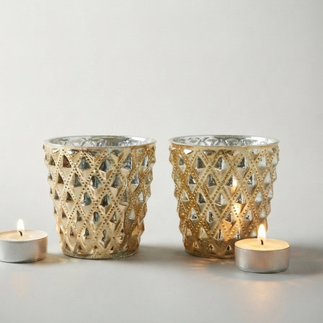 Set of 2 Gold Diamond-Cut Glass Tea Light Votive Holders