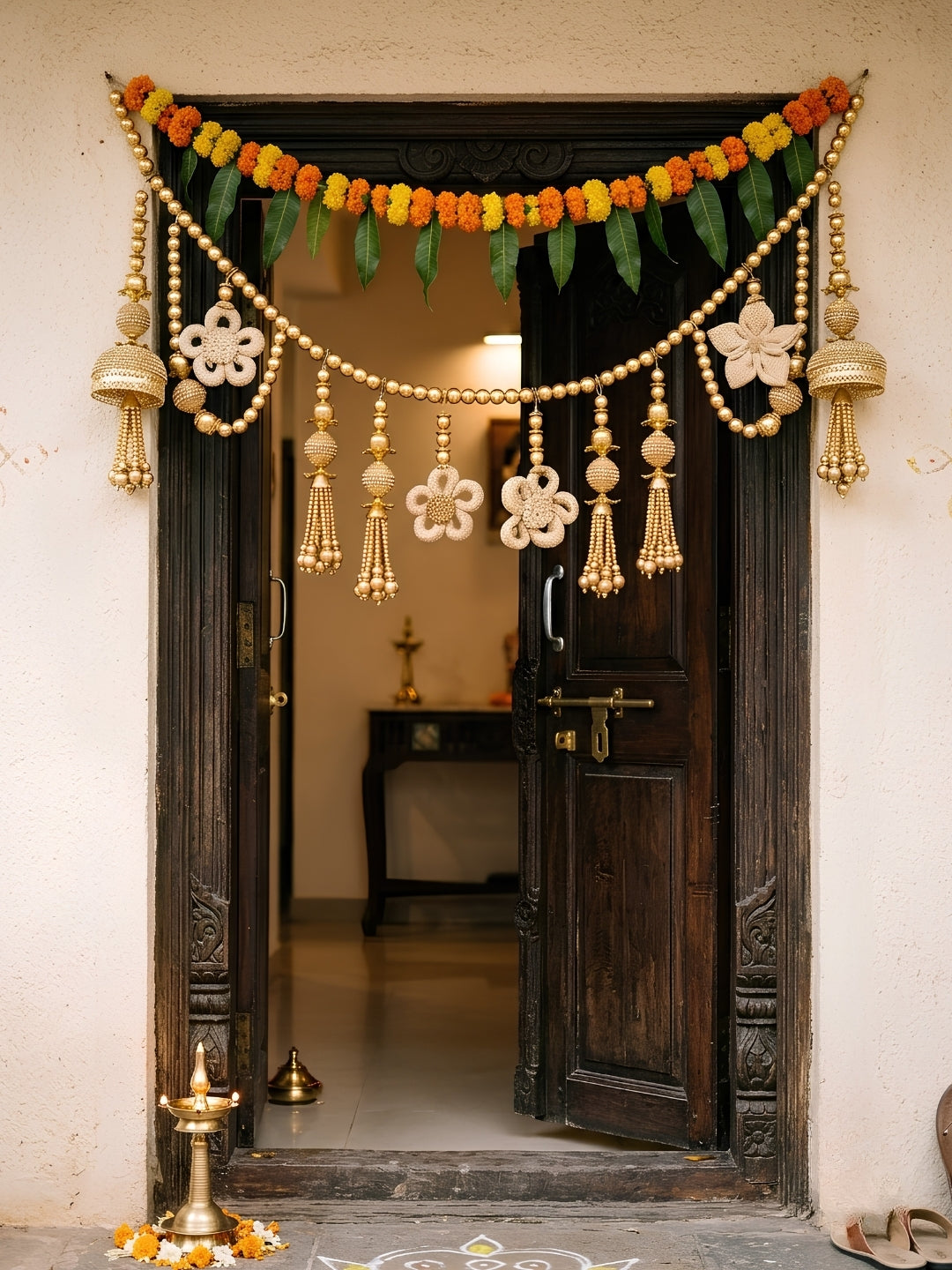 Gold moti with diamonte jhoomar & crochet flowers toran