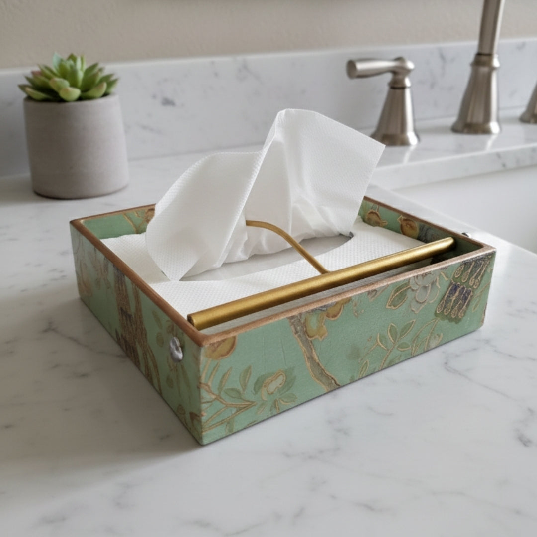 Square tissueholder - Wooden green peacock & bird  Design Print & Enamel