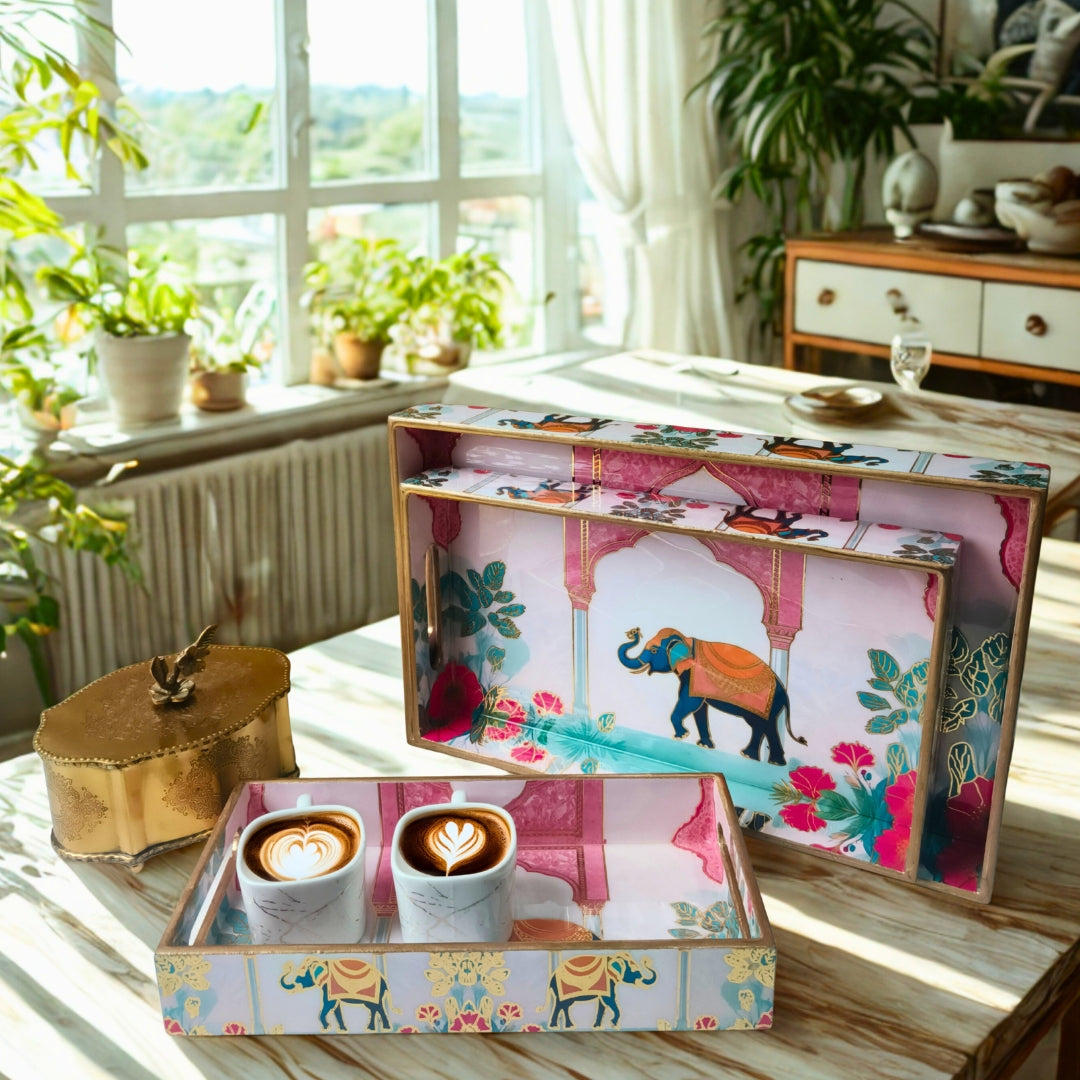Elephant Pink Pattern Design Enamel Tray(Tray Set of 3)