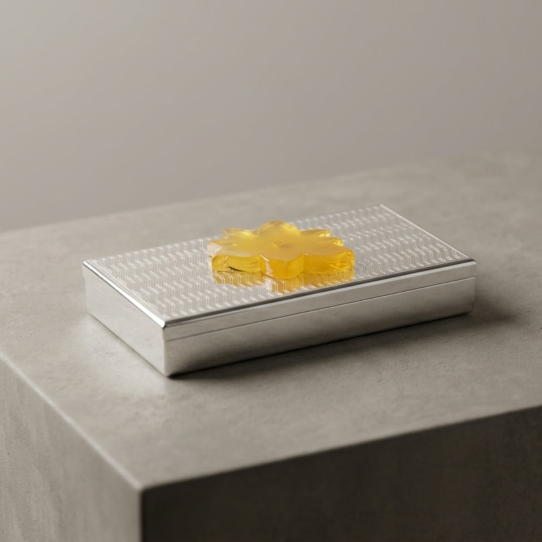 Luxury Silver Plated Cash Box with Yellow Resin Motif & Premium Velvet Case