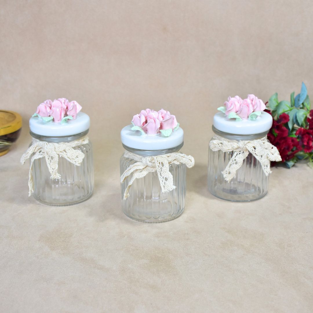 Ceramic Jar With Flower Lid Set Of 3