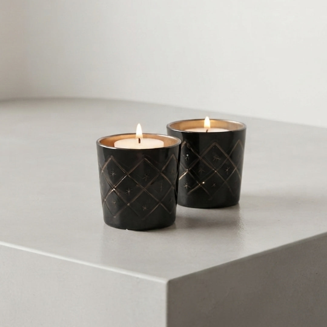 Etched Black Glass Votive Candle Holders - Elegant Set of 2