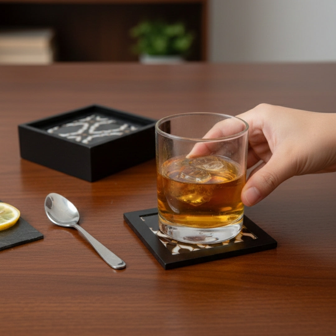 Table Coaster - black mosaic print & enamel with deco set of 6