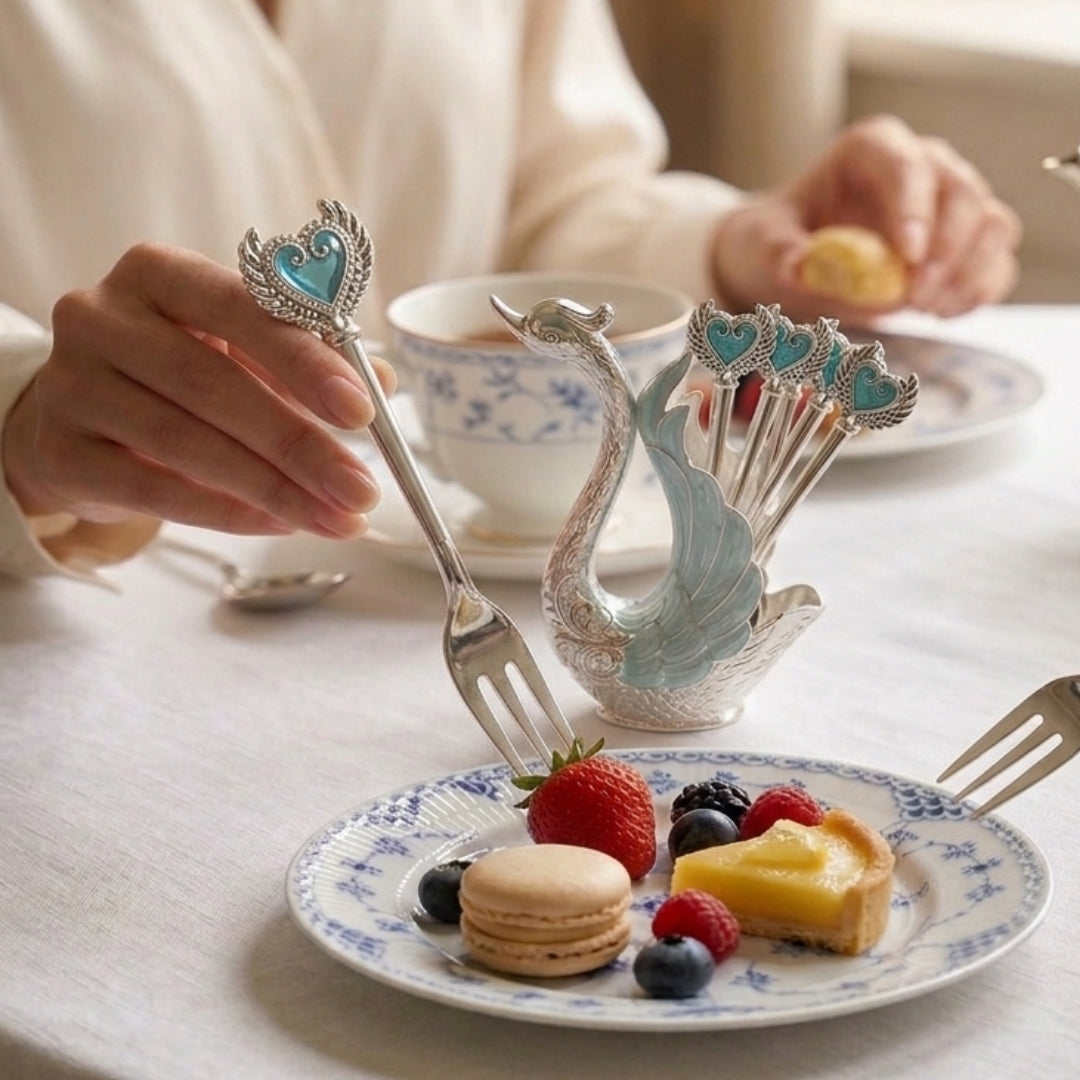 Blue Metal Swan Holder with Set of 6 Dessert Forks in Premium Gift Box