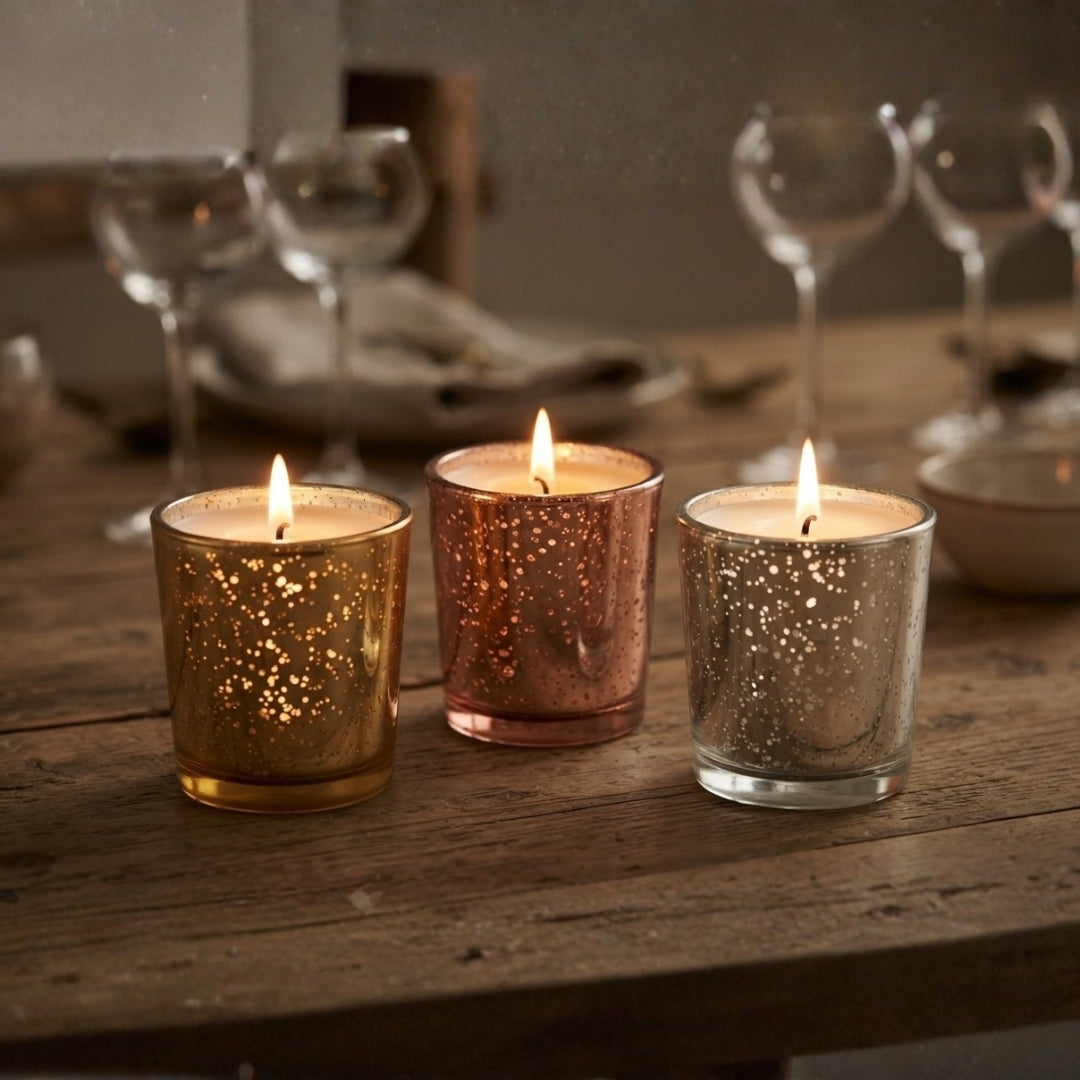 Set of 3 Metallic Luster Glass Votive Scented Candles (Gold, Silver, Copper)