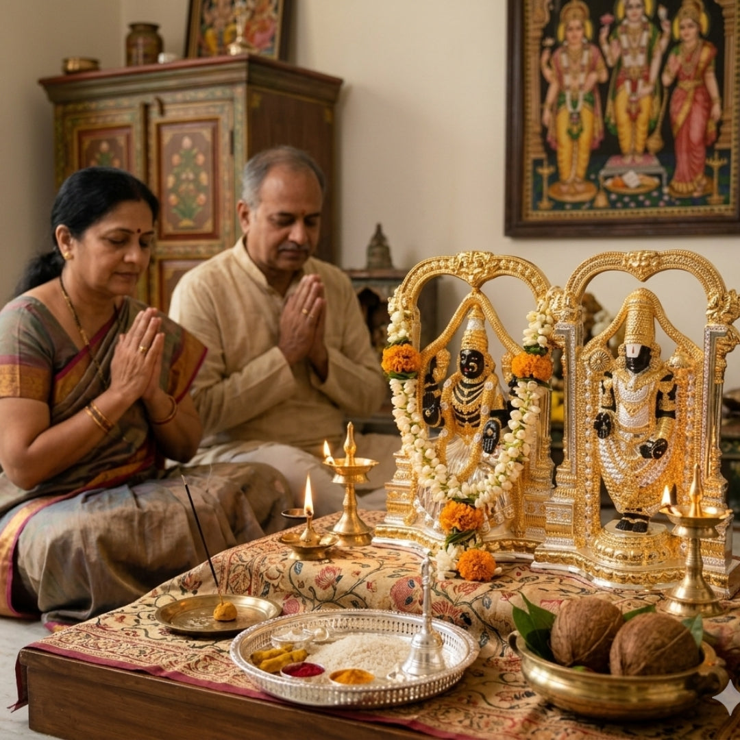 The Home Co. 999 Pure Silver & 24K Gold Plated Tirupati Balaji & Padmavathi Murti Set | Premium Dual-Tone Divine Idols for Mandir & Corporate Gifting