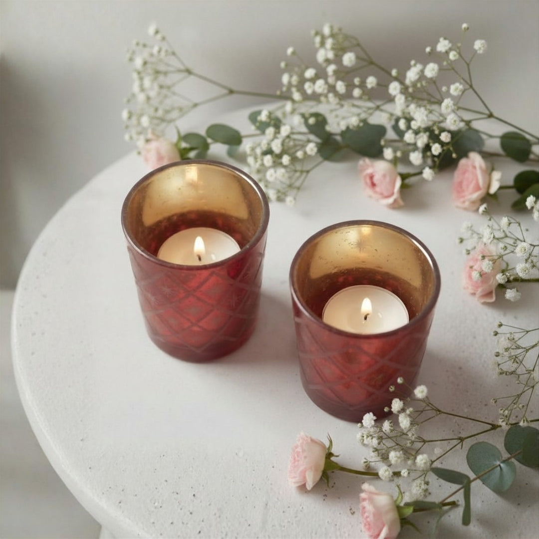 Etched Red Glass Votive Candle Holders - Elegant Set of 2