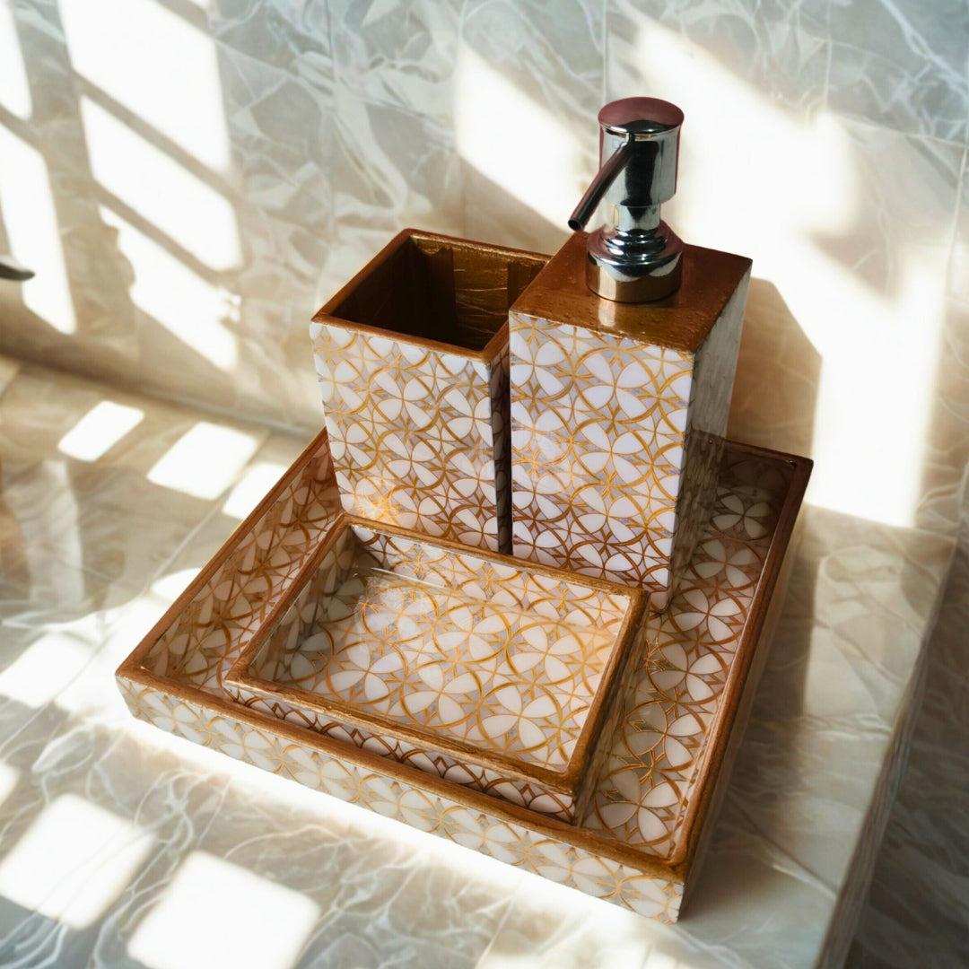 wooden water resistant white gold abstract print & enamelled  Bathroom Set of 4