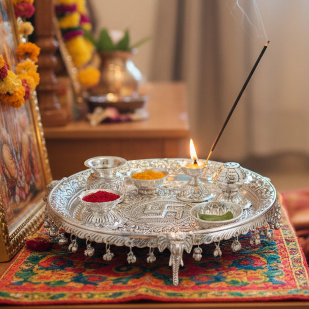 German Silver Pooja Thali Set With Elephant Legs