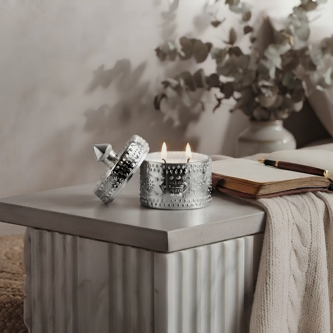 Decorative Silver Embossed Glass Jar with Scented Wax - Elegant Candle Holder
