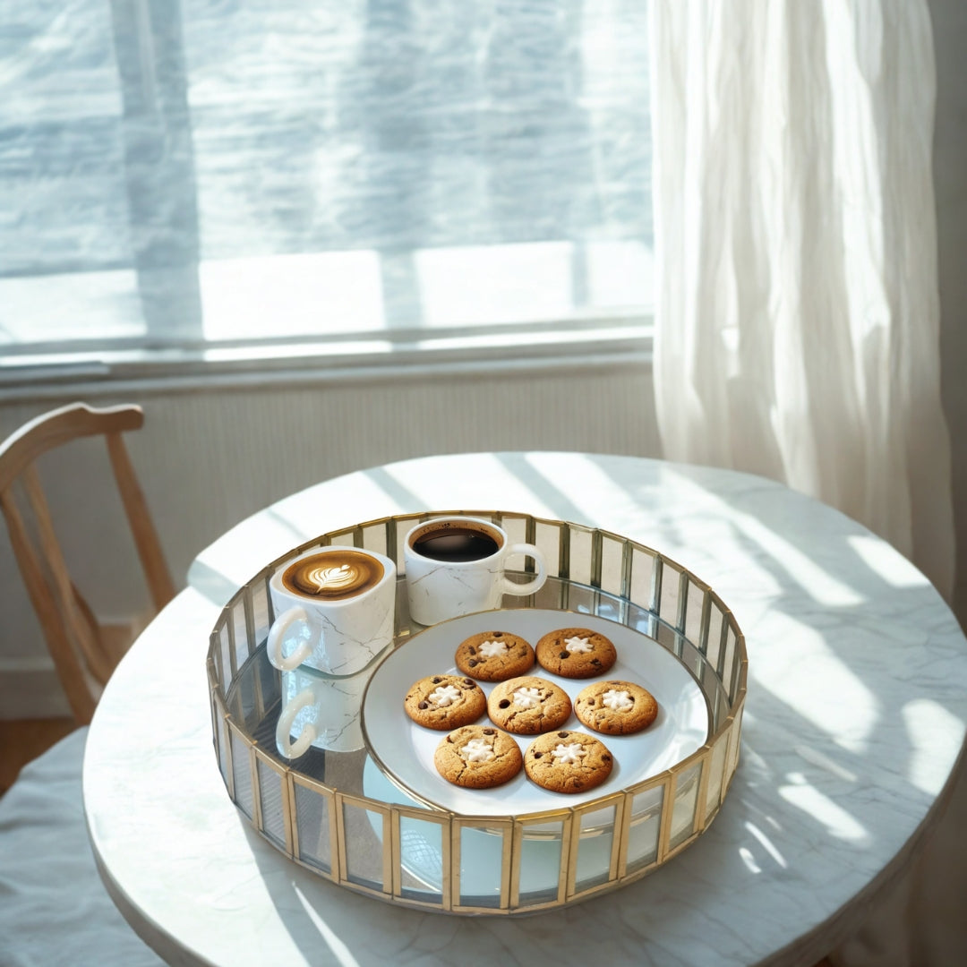 Mirror with gold blocks round tray