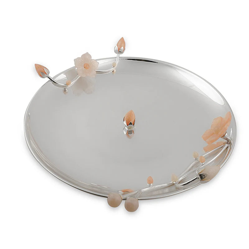 Brass Silver Plated Round Platter With Peach Resin Flower