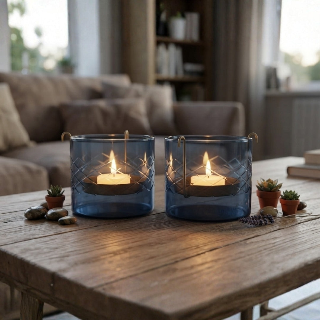 Set of 2 Blue Glass Votives with Internal Metal Tea Light Holders