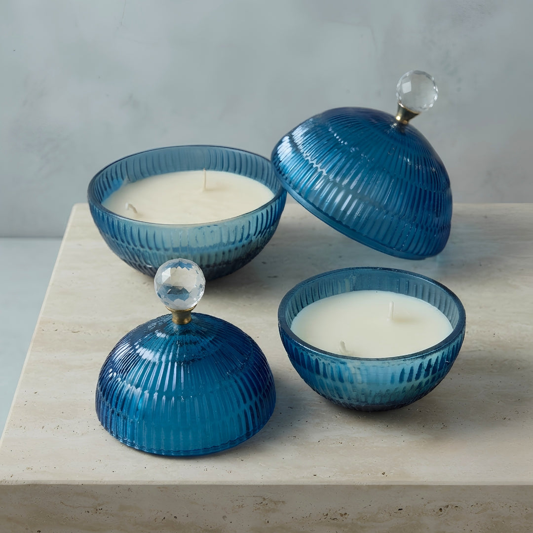 Set of 2 Blue Glass Ball-Shaped Scented Candles with Decorative Bow Lids