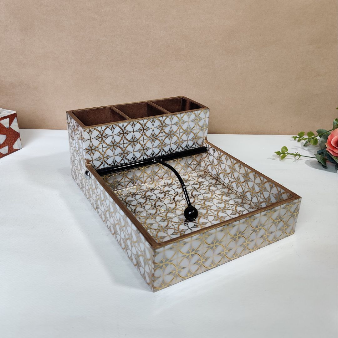 Large Cutlery Tissue Holder - White & Gold