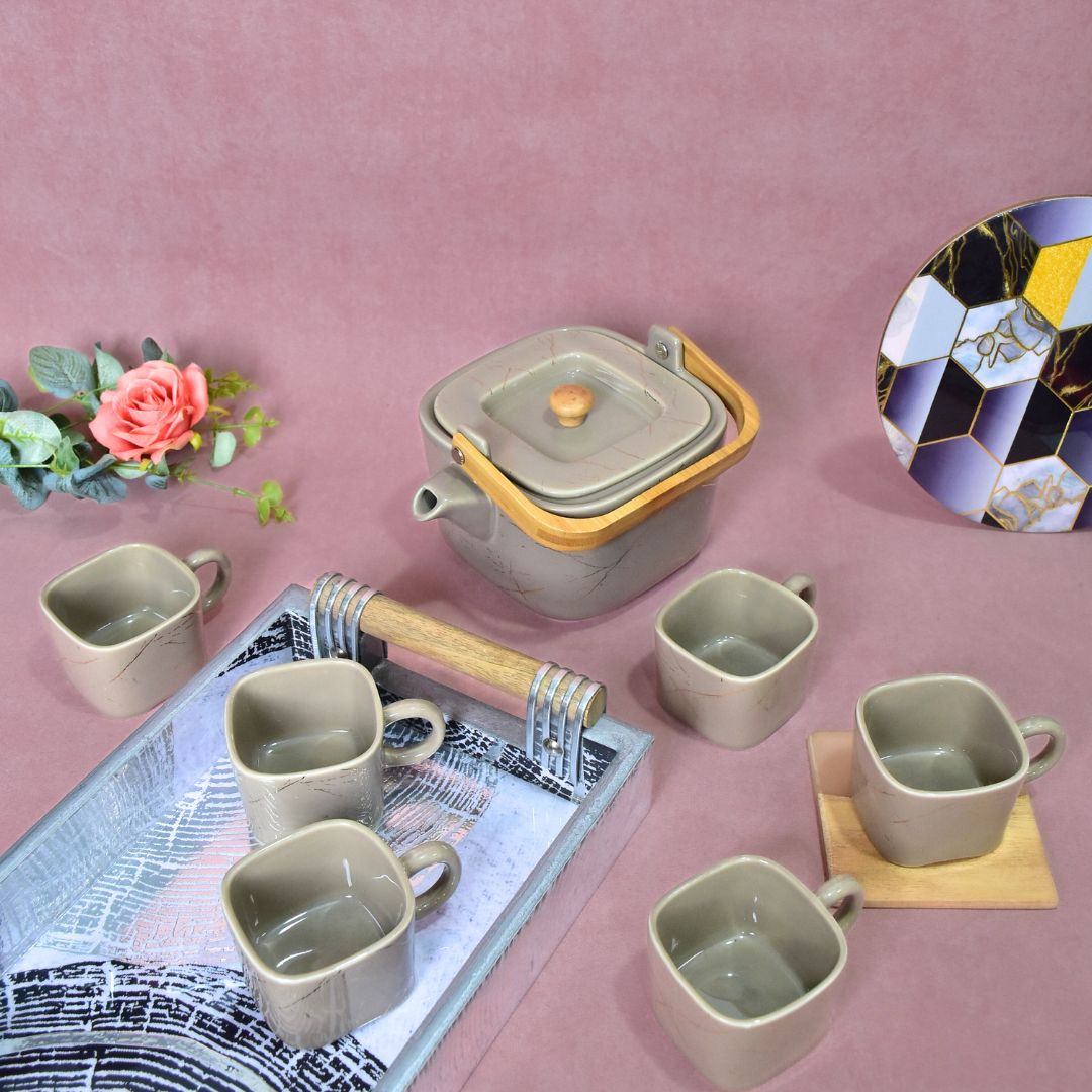 Ceramic Cup & Teapot With Tray Set Of 6 - Grey