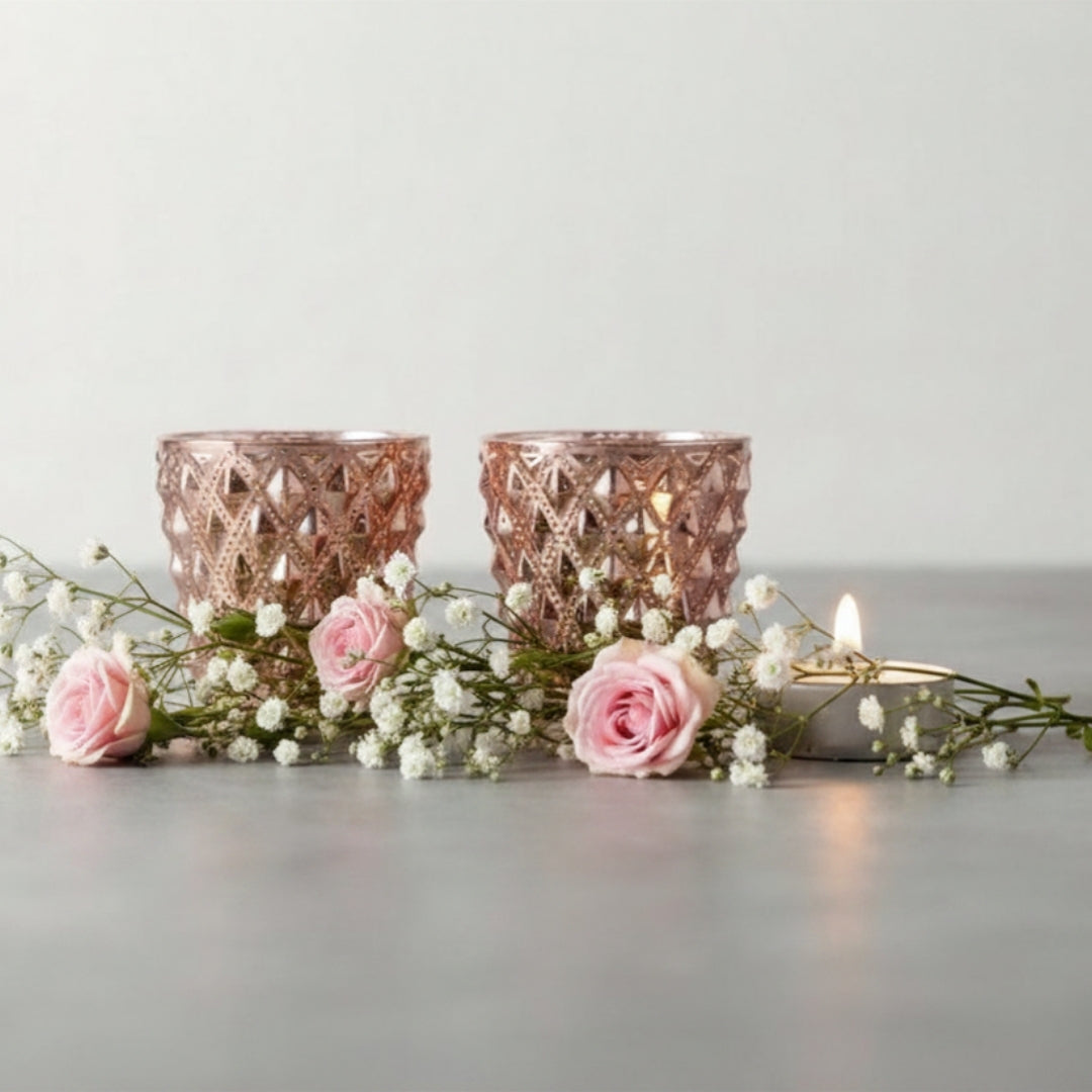 Set of 2 Copper Diamond-Cut Glass Tea Light Votive Holders