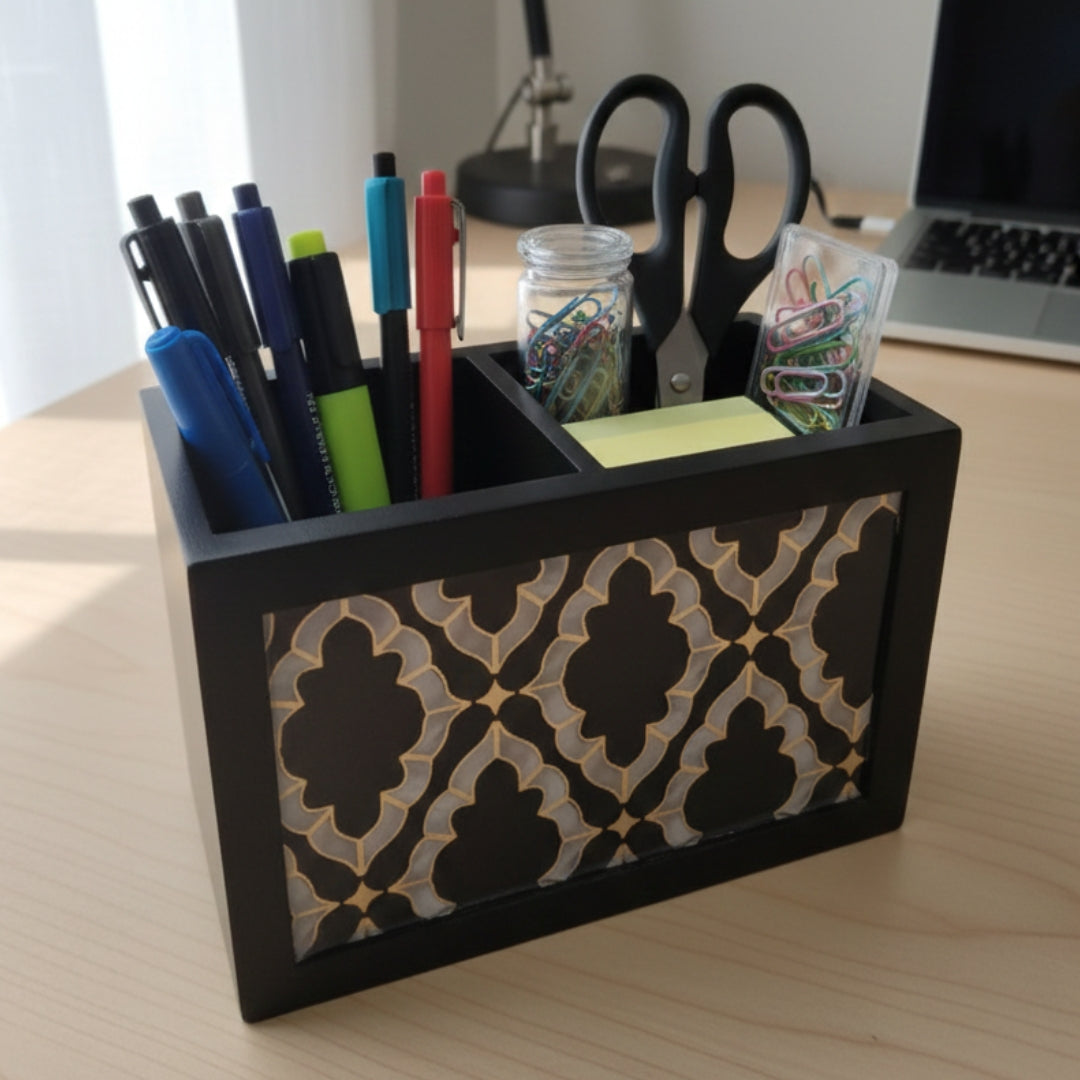 Wooden black mosaic abstract print & enamelled with deco paint 2 Partition Caddy