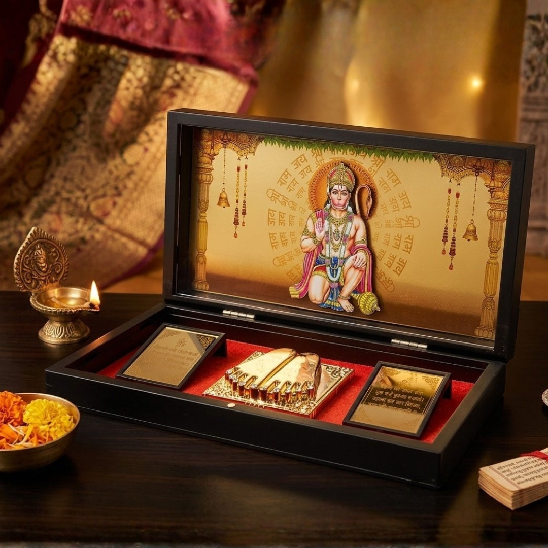 24K Gold Plated Hanuman Ji Idol with Sacred Charan Paduka Pooja Box
