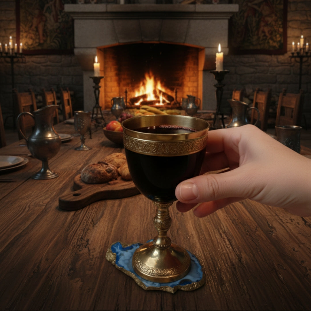 Table Coaster - Blue Agate Stone with Gold Lining Set Of 3