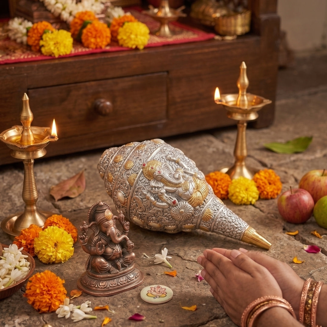 Silver Plated Ganesha Shankh with Turquoise Velvet Box for Auspicious Gifting