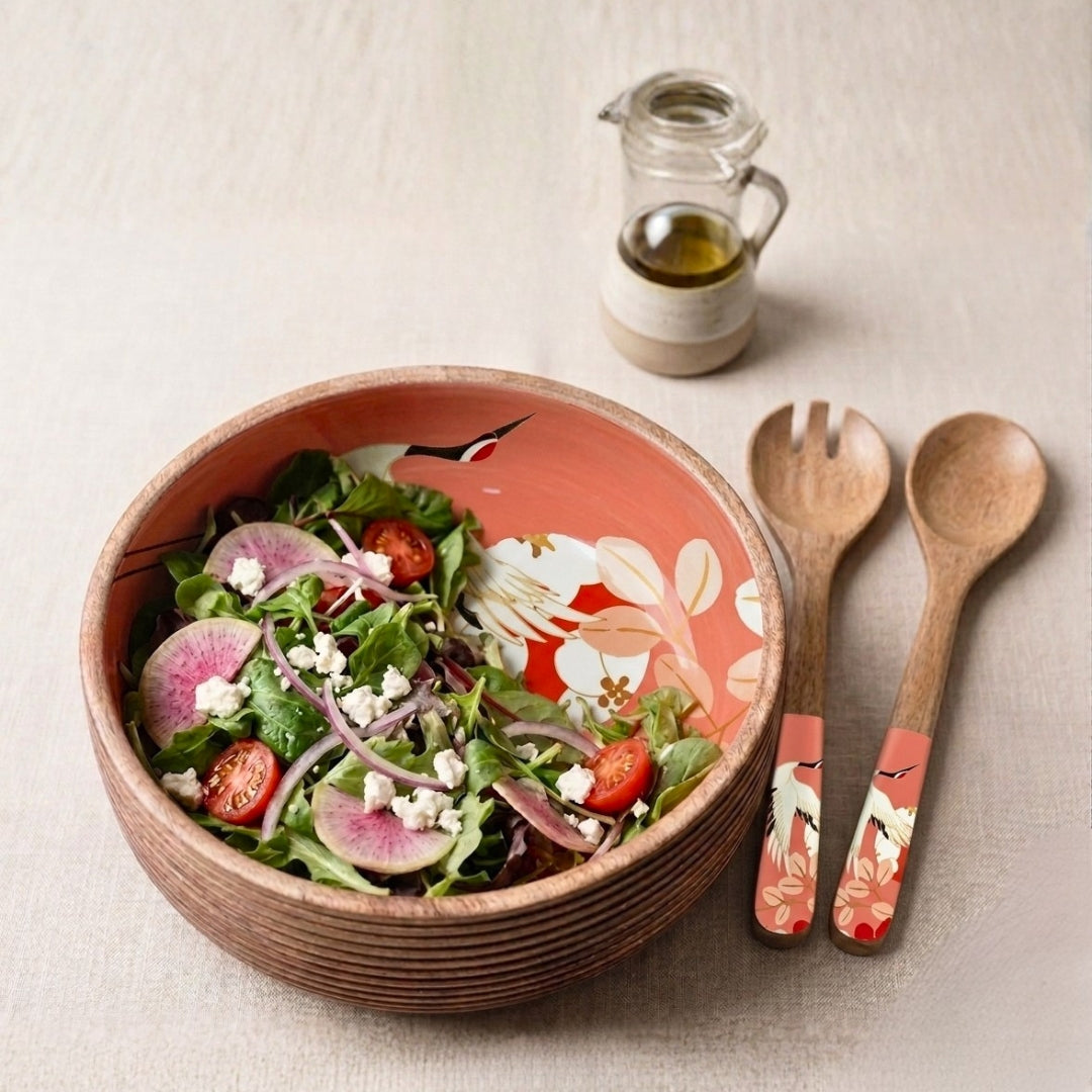 Flamingo Print Enamel & Ribbed Wooden Salad Bowl Set