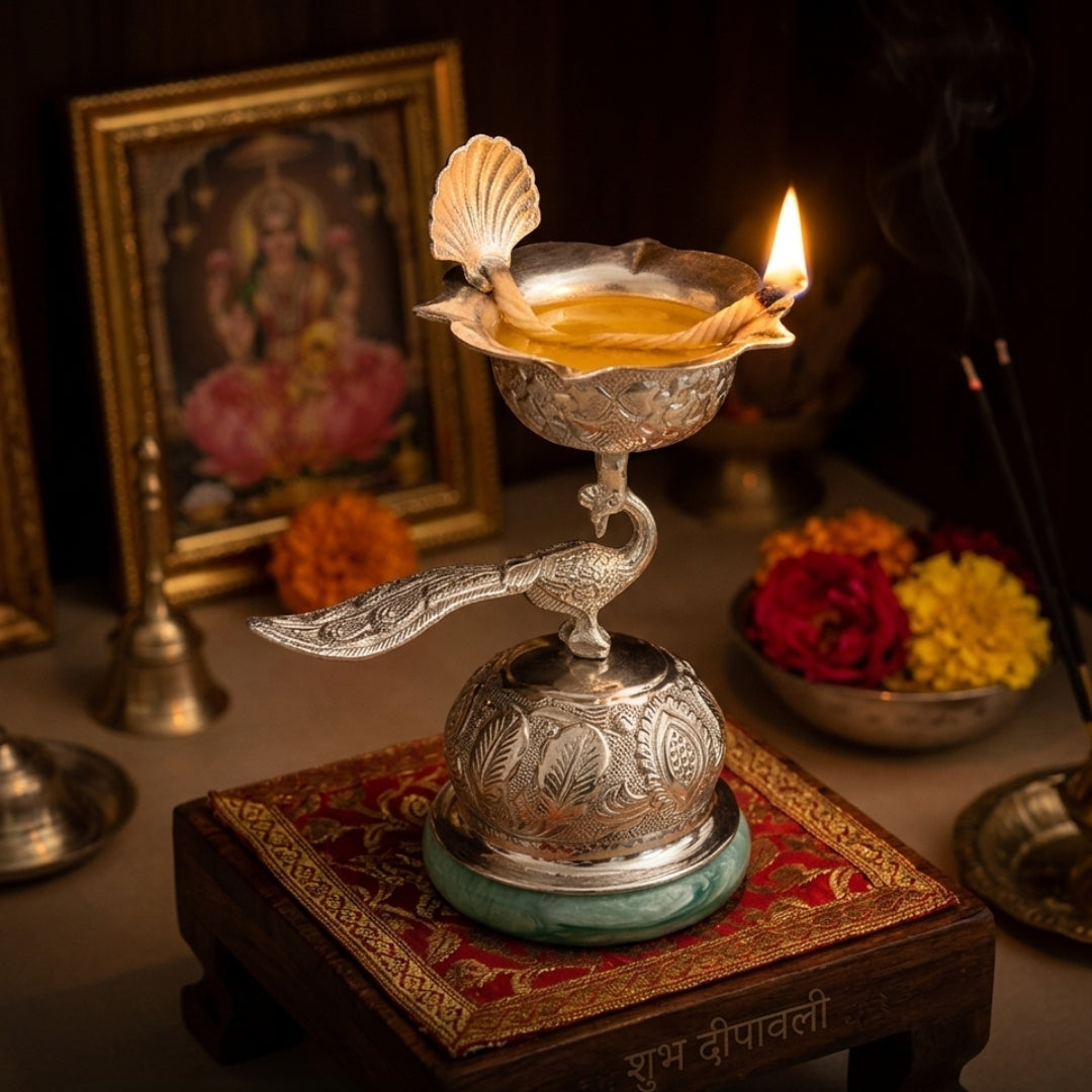Luxury Silver Plated Peacock Samai Diya with Green Quartz Base & Velvet Box