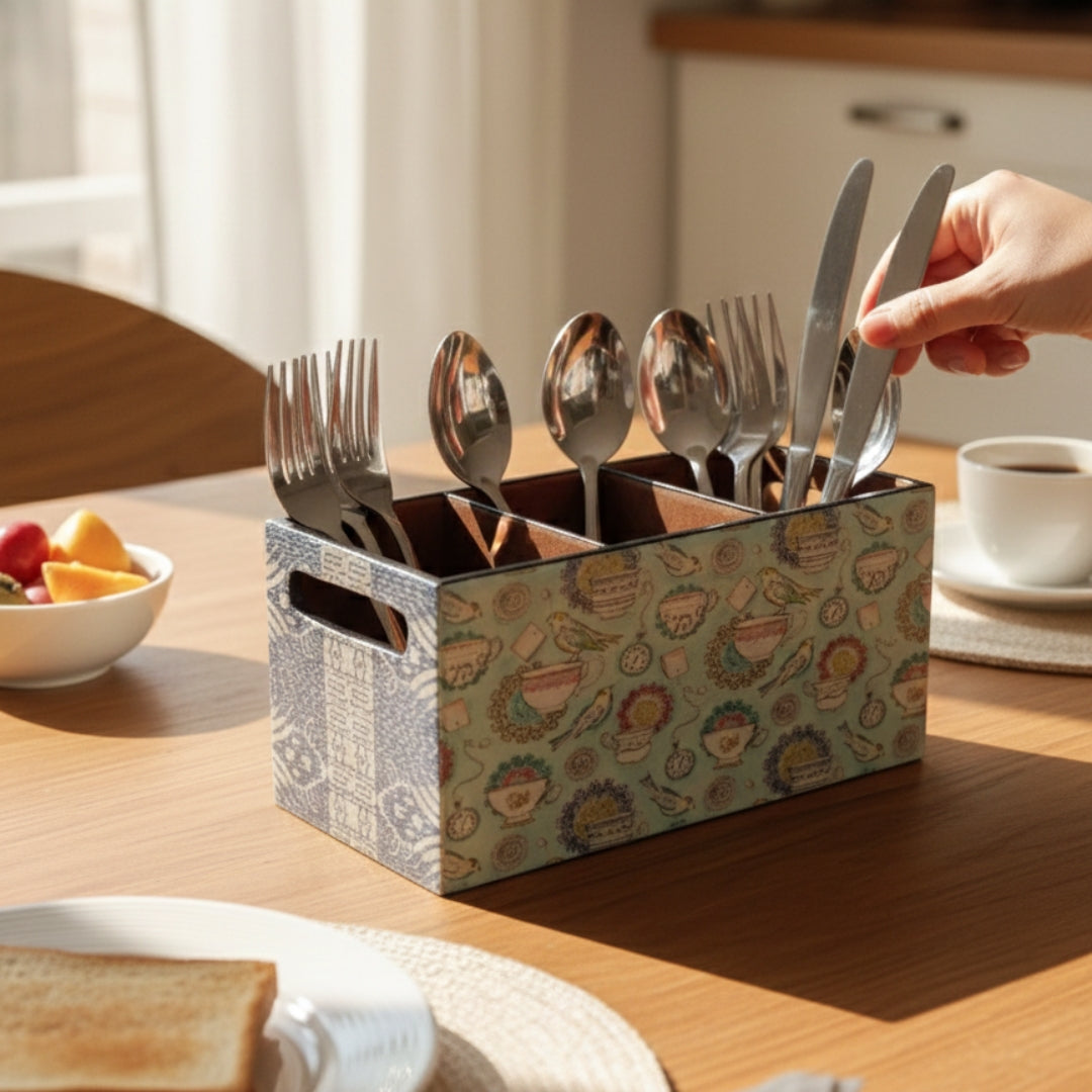 Wooden Blue Cup Print & Enameled 3 Partition Caddy