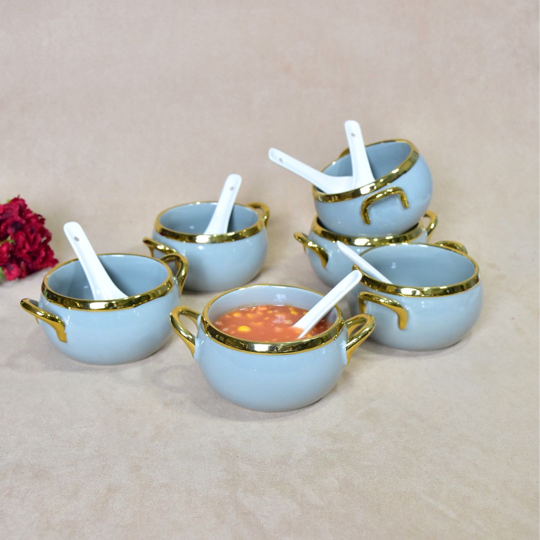 Ceramic Bowl With Bamboo Tray Set Of 6 - Light Blue