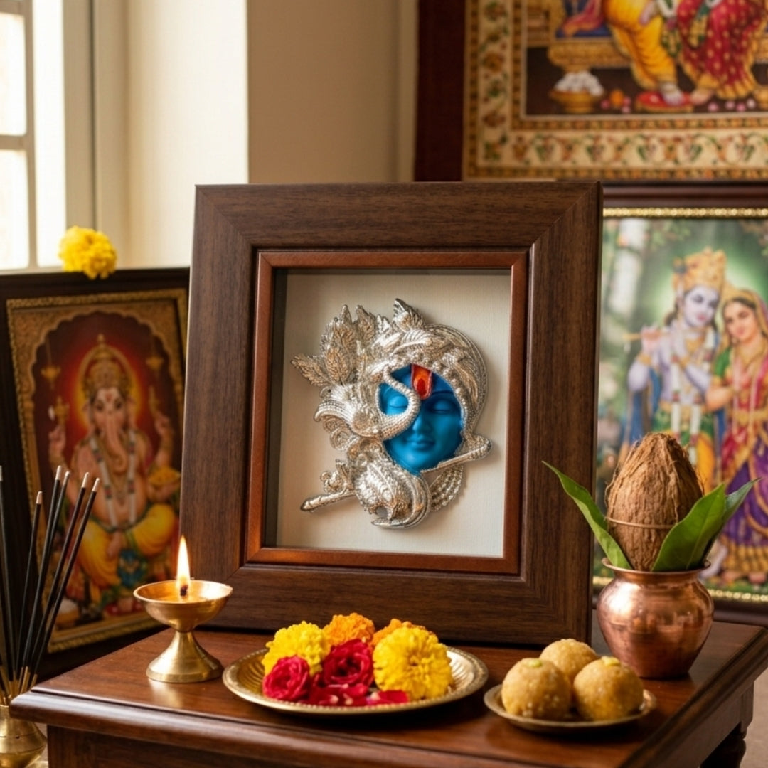 999 Pure Silver Plated Krishnaji Frame |  Lord Krishna Idol Black Face wall/Table Decor