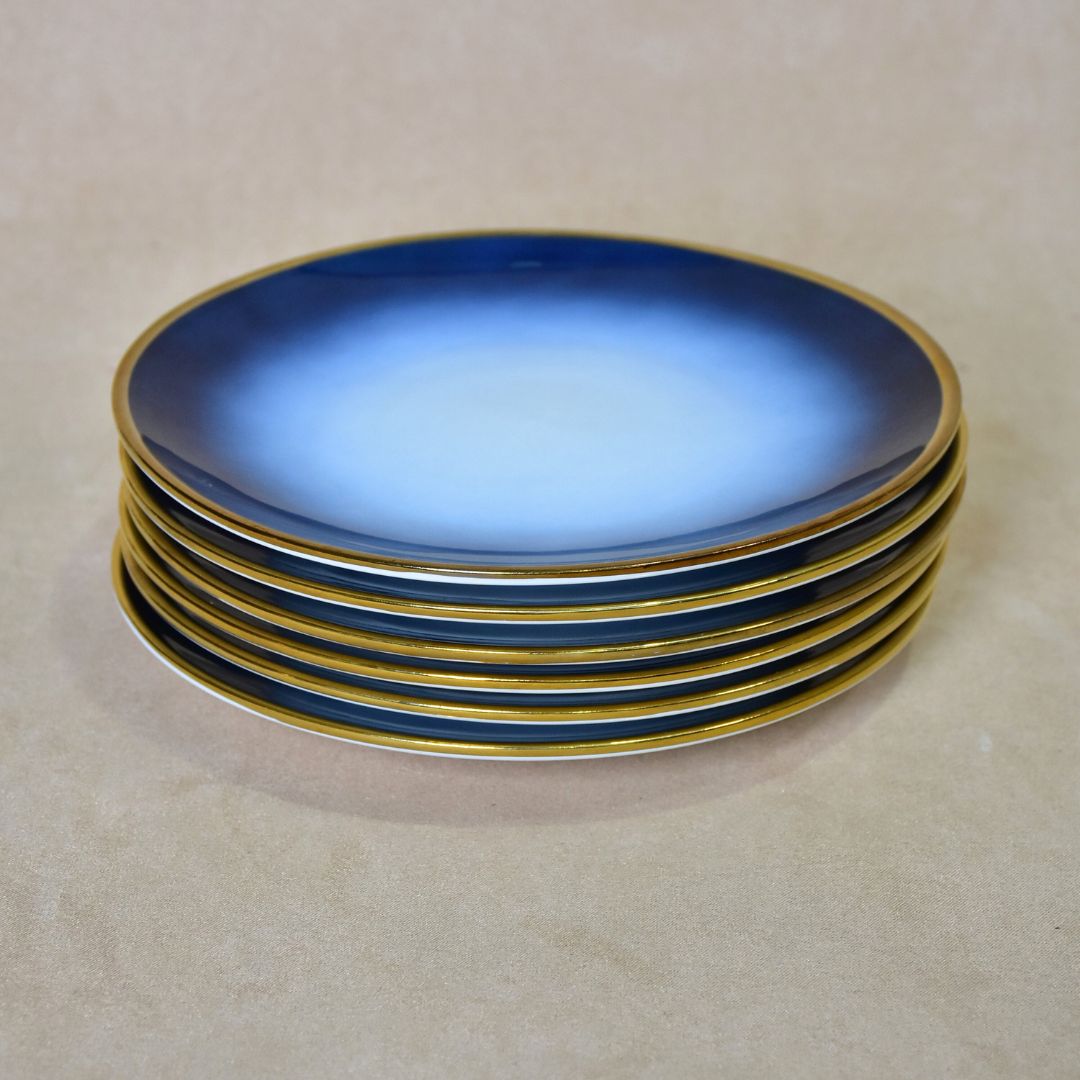 Ceramic Blue Color Platter Set of 1 Platter, 6 Snack Plates, 1 Picker & Salt /Pepper Bottle