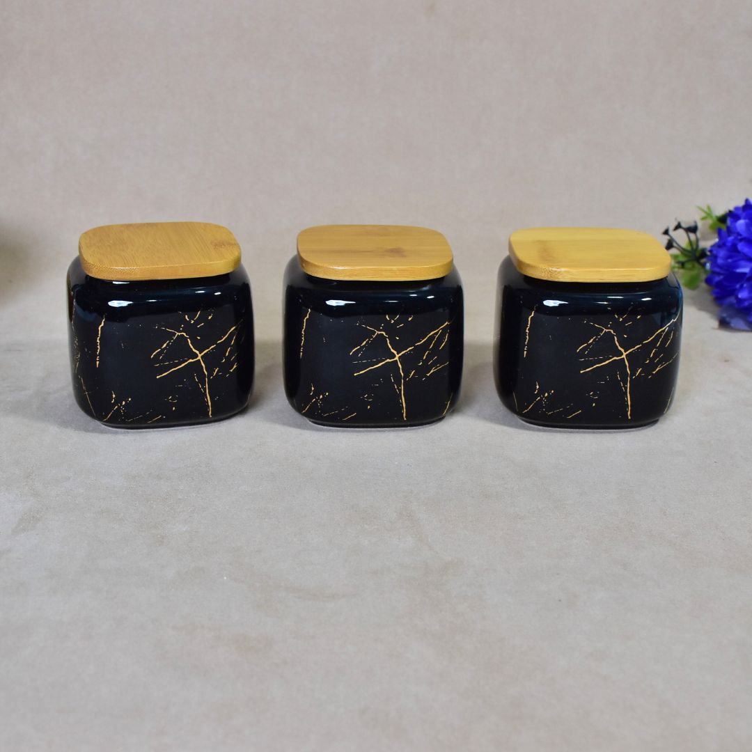 Ceramic Jar With Bamboo Tray Set Of 3 - Black